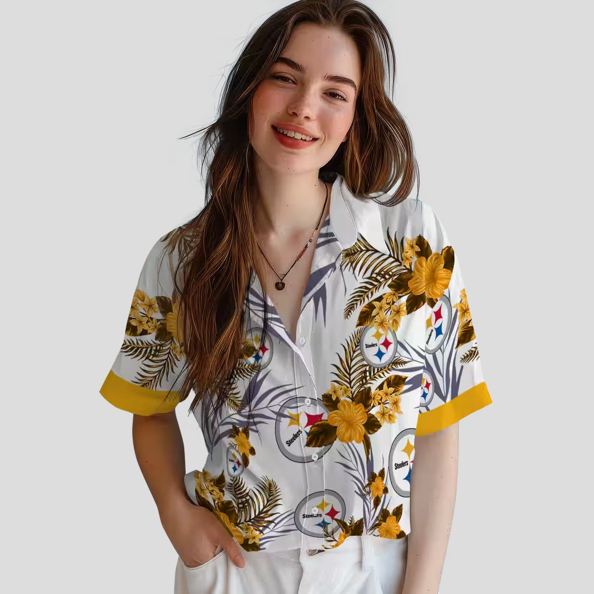 Steelers Patriotic Hibiscus Shirt, Gold White NFL Hawaiian Shirt for Beach & Vacation