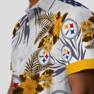 Steelers Patriotic Hibiscus Shirt, Gold White NFL Hawaiian Shirt for Beach & Vacation