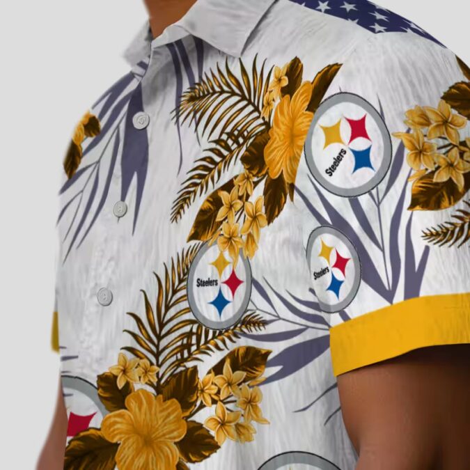 Steelers Patriotic Hibiscus Shirt, Gold White NFL Hawaiian Shirt for Beach & Vacation