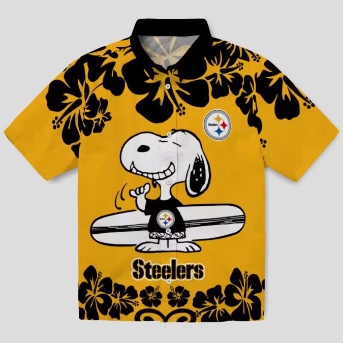 Steelers Snoopy Surf Hawaiian Shirt, Gold & White Aloha Beach Outfit for NFL Fans