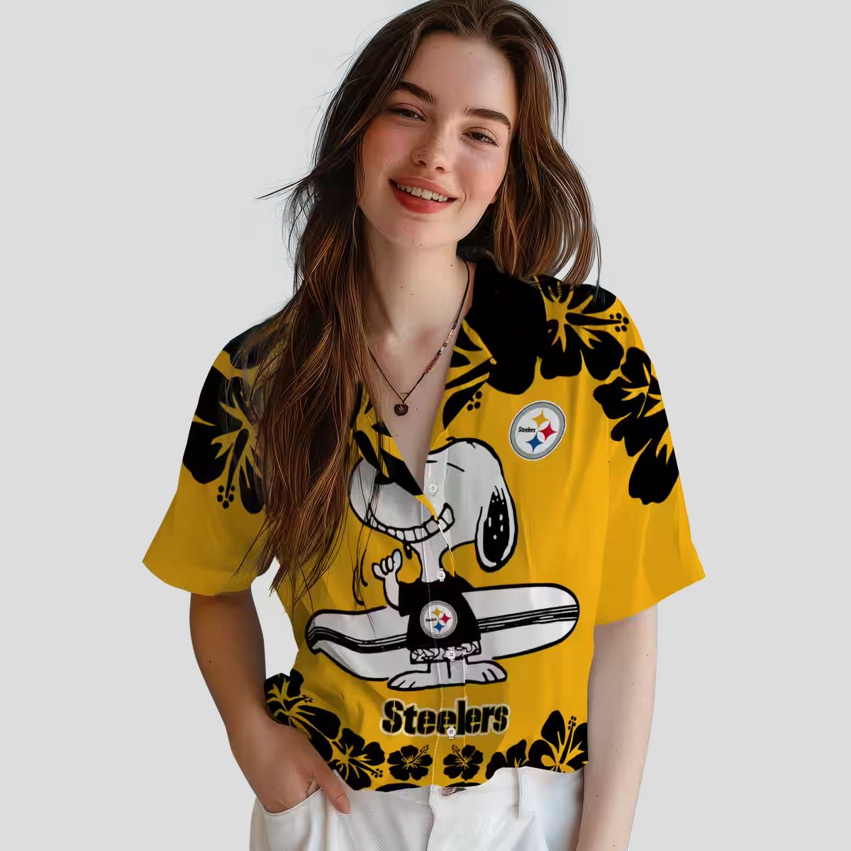 Steelers Snoopy Surf Hawaiian Shirt, Gold & White Aloha Beach Outfit for NFL Fans