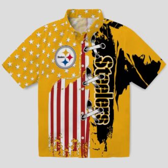 Steelers Stitched Flag Gold Hawaiian Shirt, Best NFL Summer Beachwear and Vacation Shirt