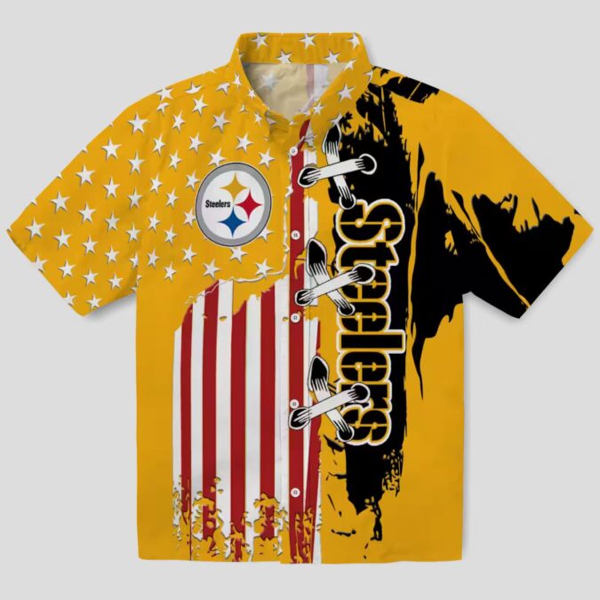 Steelers Stitched Flag Gold Hawaiian Shirt, Best NFL Summer Beachwear and Vacation Shirt
