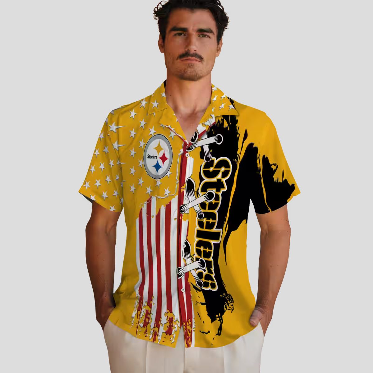 Steelers Stitched Flag Gold Hawaiian Shirt, Best NFL Summer Beachwear and Vacation Shirt