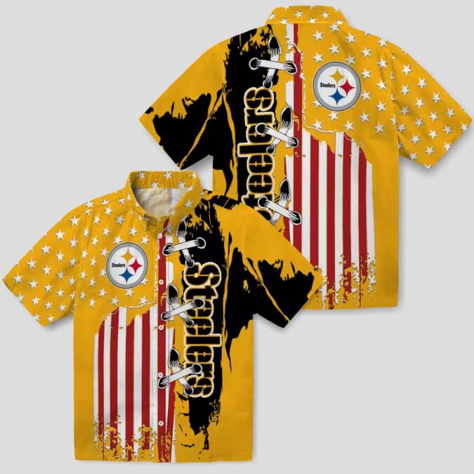 Steelers Stitched Flag Gold Hawaiian Shirt, Best NFL Summer Beachwear and Vacation Shirt