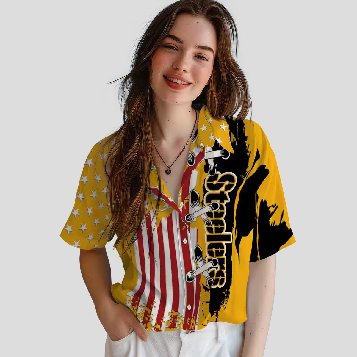 Steelers Stitched Flag Gold Hawaiian Shirt, Best NFL Summer Beachwear and Vacation Shirt