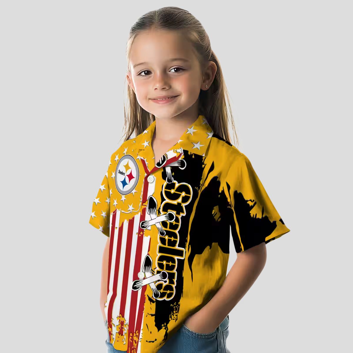 Steelers Stitched Flag Gold Hawaiian Shirt, Best NFL Summer Beachwear and Vacation Shirt