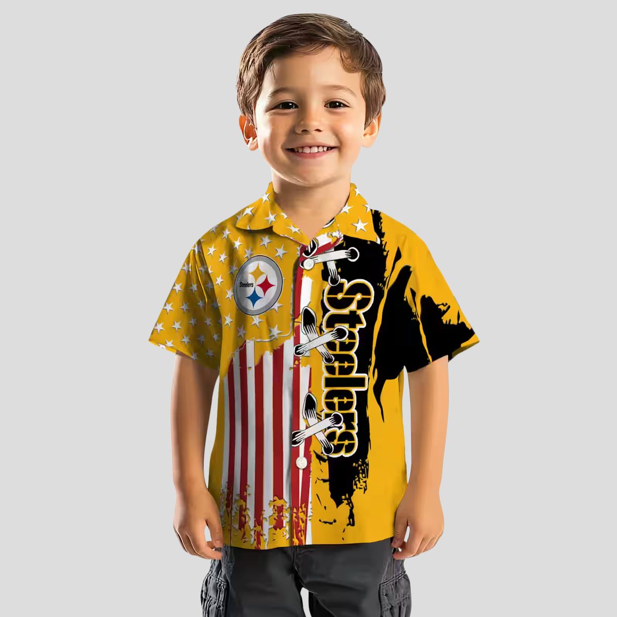 Steelers Stitched Flag Gold Hawaiian Shirt, Best NFL Summer Beachwear and Vacation Shirt