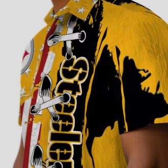 Steelers Stitched Flag Gold Hawaiian Shirt, Best NFL Summer Beachwear and Vacation Shirt