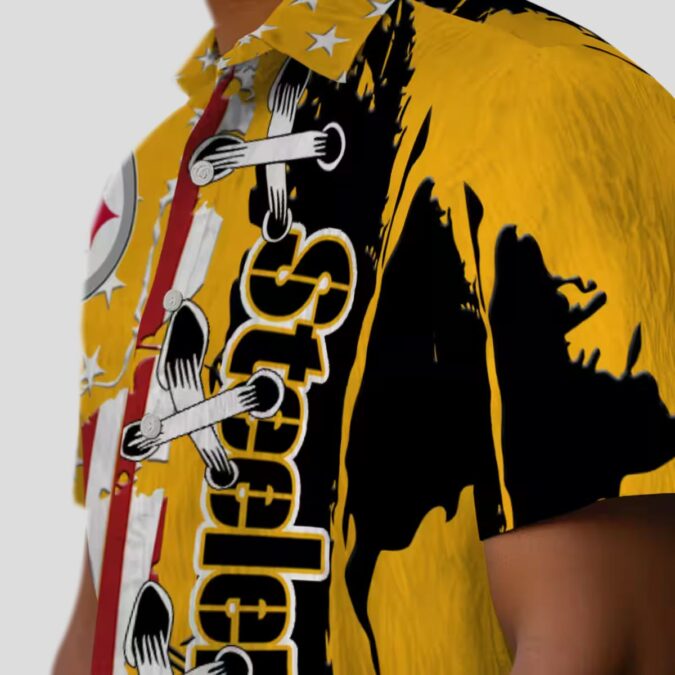 Steelers Stitched Flag Gold Hawaiian Shirt, Best NFL Summer Beachwear and Vacation Shirt