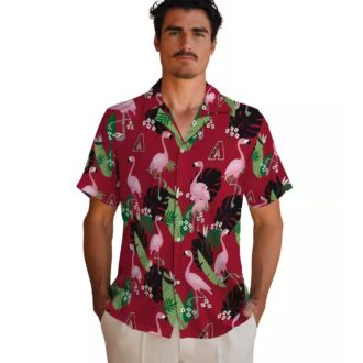 Arizona Diamondbacks Hawaiian Shirt Red with Flamingo & Leaf Print - MLB Tropical Aloha Shirt
