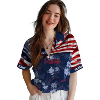 Best Custom Atlanta Braves Hawaiian Shirt - US Flag Hibiscus Navy for Fans