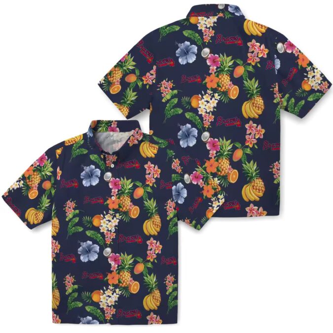 Men’s Atlanta Braves Hibiscus & Fruit Hawaiian Shirt – Navy Blue MLB Fan Apparel