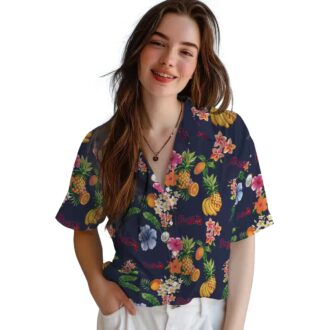 Men’s Atlanta Braves Hibiscus & Fruit Hawaiian Shirt – Navy Blue MLB Fan Apparel