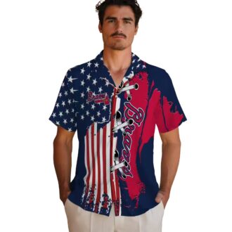 MLB Atlanta Braves Stitched Flag Hawaiian Shirt - Navy Floral Baseball Apparel