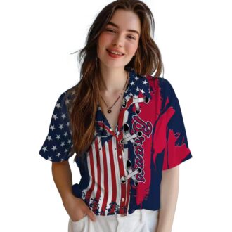 MLB Atlanta Braves Stitched Flag Hawaiian Shirt - Navy Floral Baseball Apparel