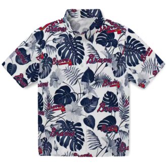 Women's Atlanta Braves Hawaiian Shirt - Tropical Plants Navy & White MLB Aloha Style