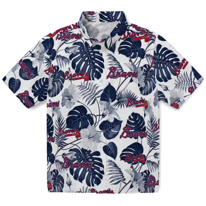 Women's Atlanta Braves Hawaiian Shirt - Tropical Plants Navy & White MLB Aloha Style