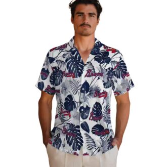 Women's Atlanta Braves Hawaiian Shirt - Tropical Plants Navy & White MLB Aloha Style