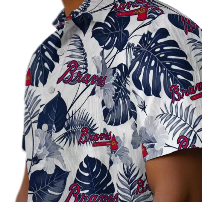 Women's Atlanta Braves Hawaiian Shirt - Tropical Plants Navy & White MLB Aloha Style