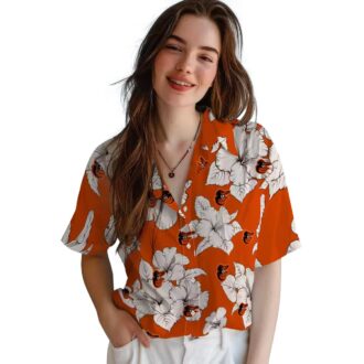 Baltimore Orioles Hibiscus Blooms Hawaiian Shirt - Orange White Aloha Button Up Shirt for Beach Days