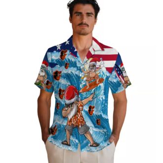 Blue Hawaiian Shirt with Baltimore Orioles Surfing Santa - MLB Summer Collection for Fans