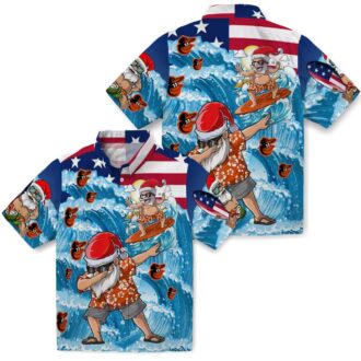 Blue Hawaiian Shirt with Baltimore Orioles Surfing Santa - MLB Summer Collection for Fans