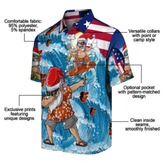 Blue Hawaiian Shirt with Baltimore Orioles Surfing Santa - MLB Summer Collection for Fans