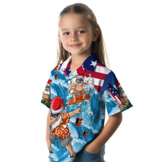 Blue Hawaiian Shirt with Baltimore Orioles Surfing Santa - MLB Summer Collection for Fans