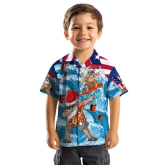 Blue Hawaiian Shirt with Baltimore Orioles Surfing Santa - MLB Summer Collection for Fans