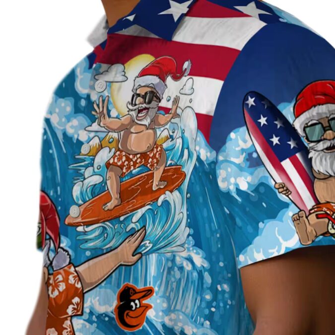 Blue Hawaiian Shirt with Baltimore Orioles Surfing Santa - MLB Summer Collection for Fans