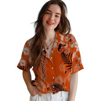 MLB Baltimore Orioles Hibiscus Print Orange Hawaiian Shirt - Summer Aloha Beach Wear