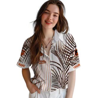 MLB Baltimore Orioles Tropical Palm Stripes Hawaiian Shirt - Orange Black White Beach Shirt