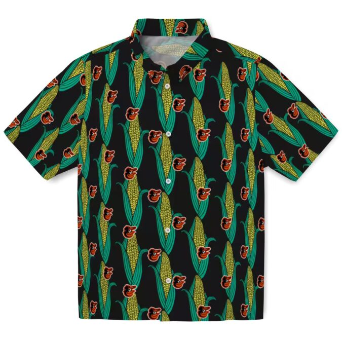 MLB Baltimore Orioles Tropical Theme Hawaiian Shirt - Black Green Corn Motifs for Summer Vacation
