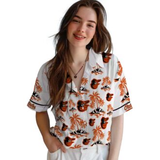 MLB Team Baltimore Orioles Hawaiian Shirt - Orange & White Palm Island Print for Summer