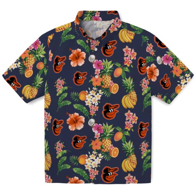 Navy Blue Baltimore Orioles Hawaiian Shirt with Hibiscus & Fruit Design - MLB Fan Gifts
