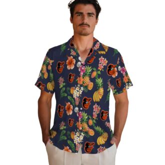 Navy Blue Baltimore Orioles Hawaiian Shirt with Hibiscus & Fruit Design - MLB Fan Gifts