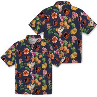 Navy Blue Baltimore Orioles Hawaiian Shirt with Hibiscus & Fruit Design - MLB Fan Gifts