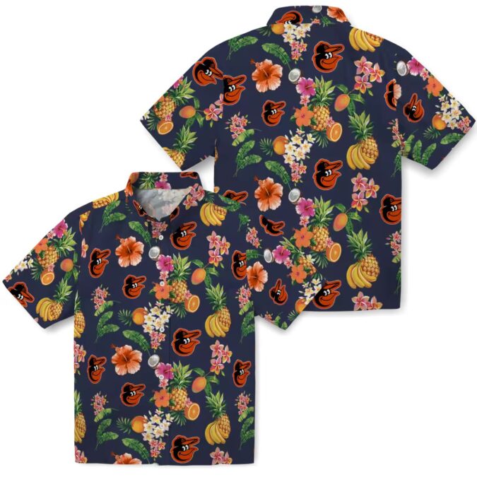 Navy Blue Baltimore Orioles Hawaiian Shirt with Hibiscus & Fruit Design - MLB Fan Gifts