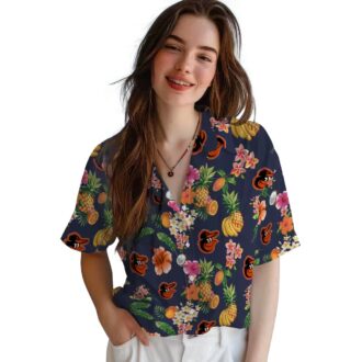 Navy Blue Baltimore Orioles Hawaiian Shirt with Hibiscus & Fruit Design - MLB Fan Gifts