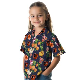 Navy Blue Baltimore Orioles Hawaiian Shirt with Hibiscus & Fruit Design - MLB Fan Gifts