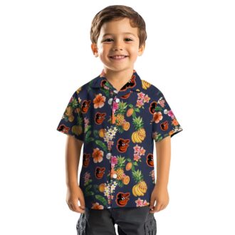 Navy Blue Baltimore Orioles Hawaiian Shirt with Hibiscus & Fruit Design - MLB Fan Gifts