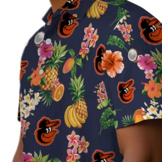 Navy Blue Baltimore Orioles Hawaiian Shirt with Hibiscus & Fruit Design - MLB Fan Gifts