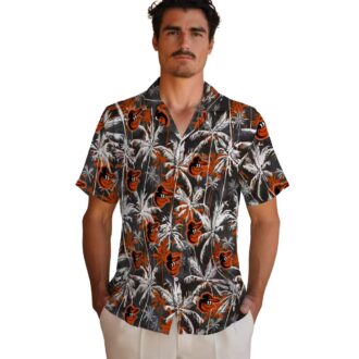 Official MLB Baltimore Orioles Palm Pattern Hawaiian Shirt - Orange & Black Tropical Design