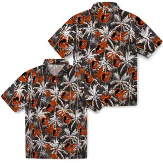 Official MLB Baltimore Orioles Palm Pattern Hawaiian Shirt - Orange & Black Tropical Design