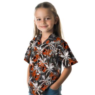 Official MLB Baltimore Orioles Palm Pattern Hawaiian Shirt - Orange & Black Tropical Design