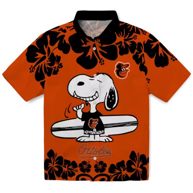 Orange White Baltimore Orioles Hawaiian Shirt with Snoopy Surf Design - MLB Summer Fashion