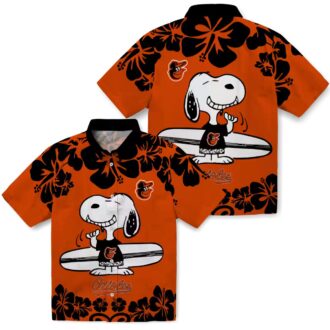 Orange White Baltimore Orioles Hawaiian Shirt with Snoopy Surf Design - MLB Summer Fashion
