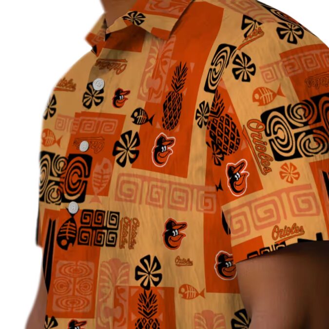 Tropical Baltimore Orioles Hawaiian Button Up Shirt - Orange MLB Team Shirt with Tribal Pattern