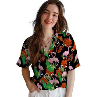 Tropical Baltimore Orioles Summer Hawaiian Shirt - Flamingo Foliage Orange Green MLB Shirt for Women